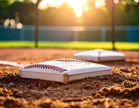 Baseball base on dirt infield, close-up perspective of home plate or base, worn texture, outdoor stadium setting at golden hour, baseball game equipment.