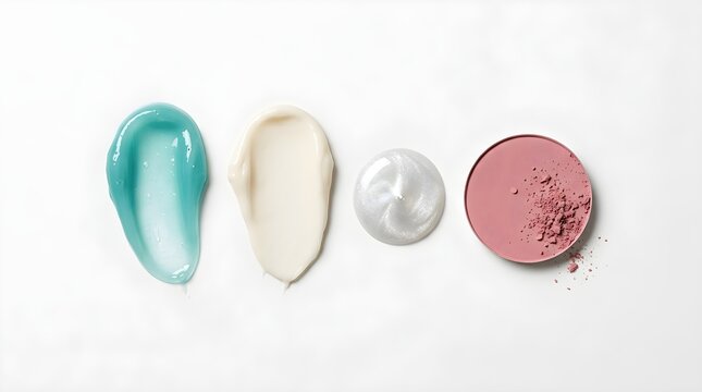 Elegant cosmetic product textures flat lay featuring skincare gel, cream smear, liquid serum, and pink pressed powder blush on white background