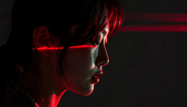 Close up profile of young Korean woman looking down with red laser beam scan across eyes on black background