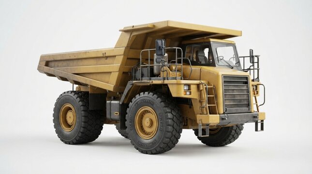 Large yellow mining dump truck heavy machinery isolated on white background