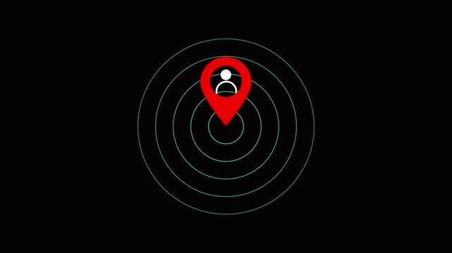 Red location pin with white person symbol inside and concentric teal circles on a black background representing proximity or signal strength.