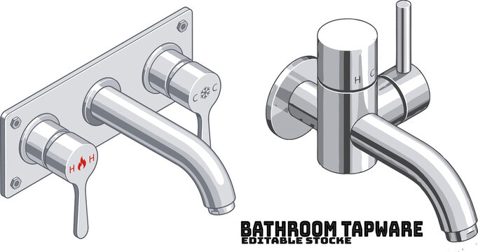 Isometric vector illustration set of modern chrome bathroom tapware, featuring a wall-mounted dual lever basin mixer with hot and cold indicators and a single-lever chrome water faucet. Perfect for ba
