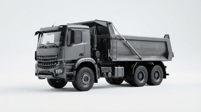 Modern grey dump truck heavy construction vehicle isolated on white background