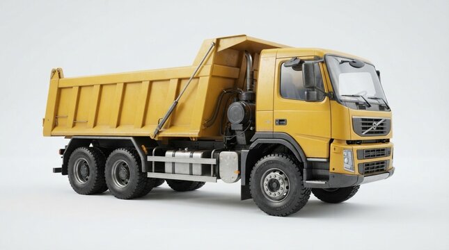 Yellow dump truck heavy construction vehicle isolated on white background