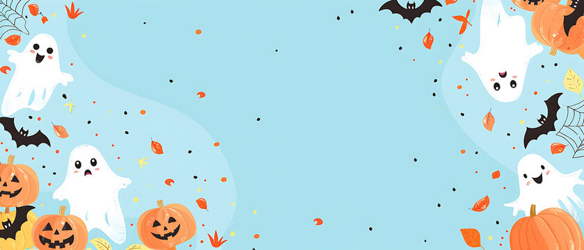 Pastel blue wide Halloween web banner with cute floating ghosts and center copy space for children party invites and festive digital marketing