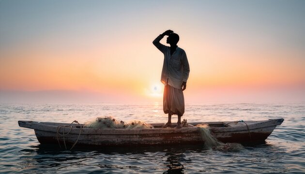 Silhouette of a lone fisherman standing on a small traditional boat.