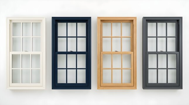Four modern double hung wooden window frames in different colors isolated on white background