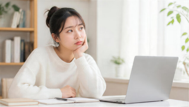 窓辺でノートパソコンとノートを前に考え込む女性