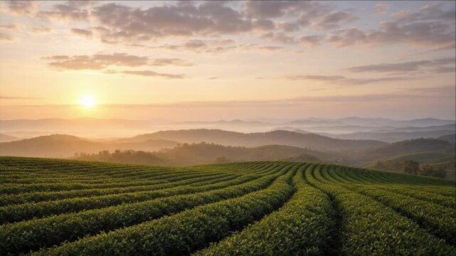 Cinematic Tea Plantation Landscape at Sunrise with Rolling Hills, Layered Mountain Horizon, Glowing Sky, Misty Timelapse Background, Peaceful Nature Travel Scenery and Serene Hill Views