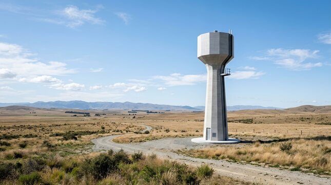 Tall concrete water tower standing in a dry landscape under a blue sky.