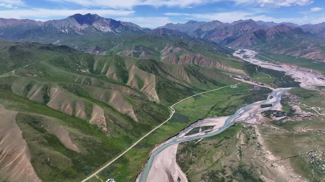 Aerial View of Braided River Valley in Qilian Mountain National Park, China
