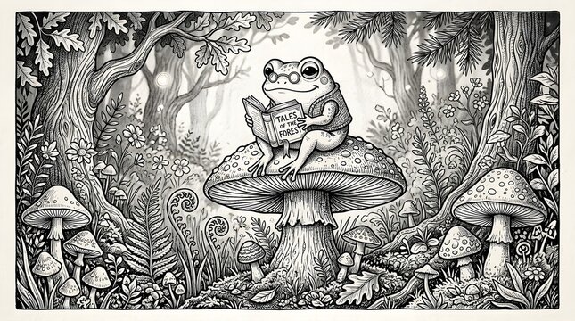 Vintage style engraving illustration of a frog sitting on a large mushroom in a magical forest
