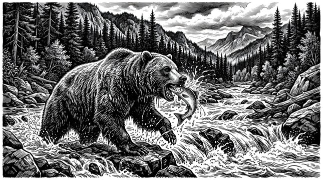 Vintage engraving illustration of a grizzly bear catching a salmon fish in a mountain river