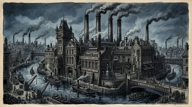 Industrial revolution era factory engraving with heavy smoke coming out of tall chimneys