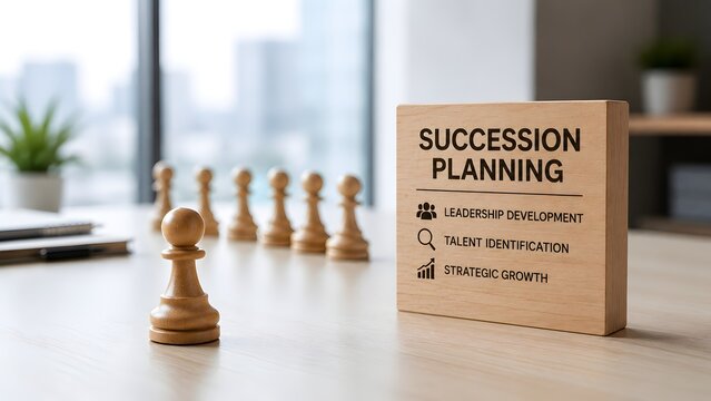 Wooden chess pawns and succession planning block on an office table. Concept of corporate leadership development and executive talent identification.