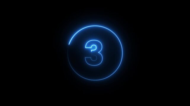 Neon blue number three countdown timer circular light graphic animation on black background.