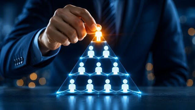 Businessman hand placing glowing top figure on a digital human pyramid. Concept of corporate hierarchy structure and executive leadership promotion.