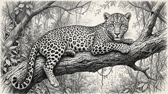Classic woodcut style engraving artwork depicting a spotted leopard lying on a branch