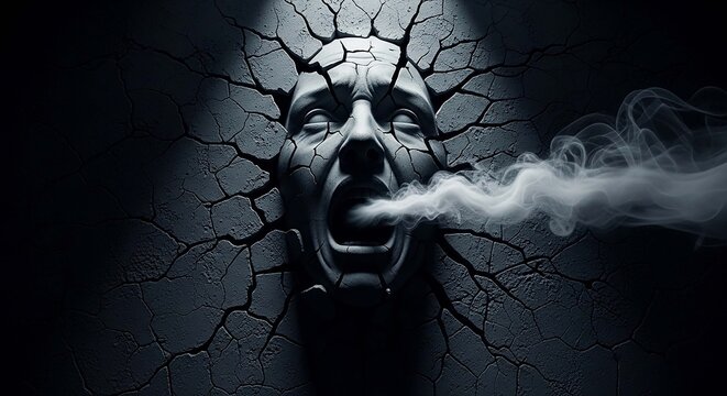 Abstract 3D render of human face breaking through cracked concrete wall with smoke
