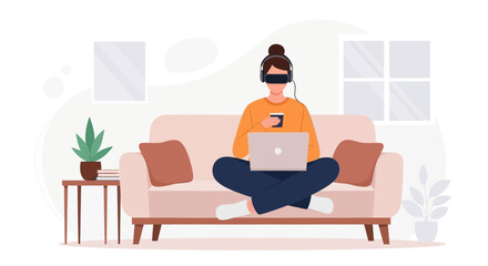 Fototapeta premium Woman wearing VR headset and headphones, working on laptop with coffee cup on sofa, modern illustration