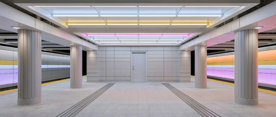 Fototapeta premium Metro station design. Modern underground platform features colorful LED lighting, tiled walls and columns for urban public transportation infrastructure.