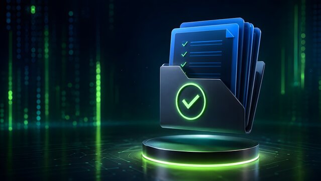 Blue digital folder holding glowing checkmark document stack on dark high tech background. Concept of electronic document management and secure data verification.