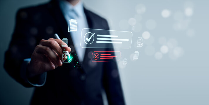 Digital document approval concept with business professional using stylus on virtual checklist interface showing verification, rejection, quality control and workflow management