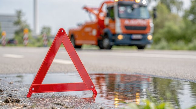 Roadside assistance. Warning triangle marks a vehicle breakdown area while a tow truck arrives for emergency recovery and roadside service.