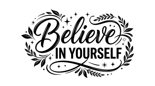 Believe in yourself calligraphy art with floral flourishes and starry accents inspiring positivity and motivation