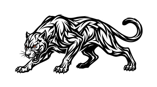 Black and white vector illustration of a prowling wild panther with aggressive posture