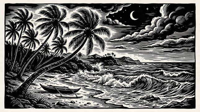 Tropical night seascape with palm trees boat and waves woodcut engraving illustration, tropical