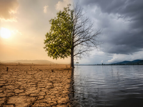 Climate Change Concept with Half Drought Half Flood Landscape and Tree