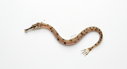 Fototapeta premium Pipehorse Marine Creature with Spots: A slender pipehorse, a relative of the seahorse, displays its delicate form and distinctive spotted pattern against a clean backdrop.