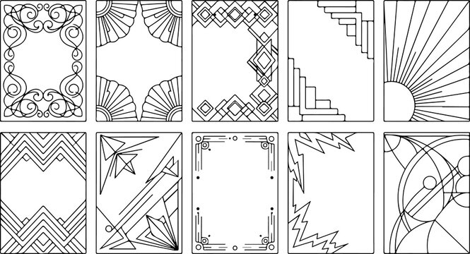 Art deco frames with geometric patterns for graphic design and decorative borders for invitations and cards.