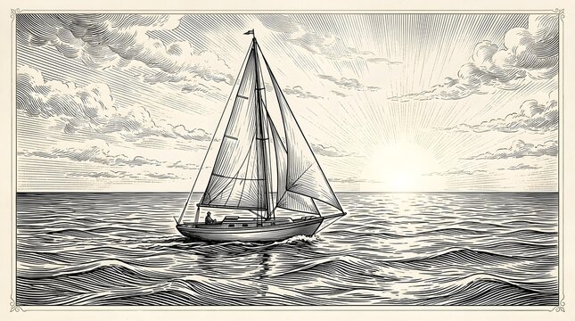 Black and white vintage engraving style illustration of a sailboat sailing on choppy sea waves