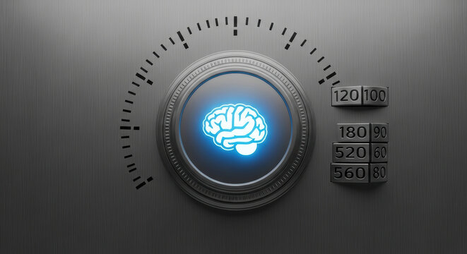 Brain science neurotechnology concept with glowing brain icon on metallic dial and numeric settings for innovation and research