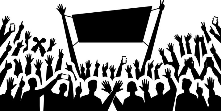 Crowd of cheering people silhouettes holding up mobile phones and a large protest banner vector graphic with silhouette cheering demonstration