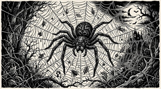 Large spider on web in spooky forest at night vintage engraving illustration vector