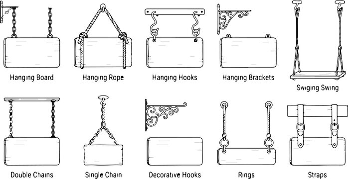 Various hanging signboards and chains, featuring wooden boards, rope, hooks, brackets, and swings for rustic decor.