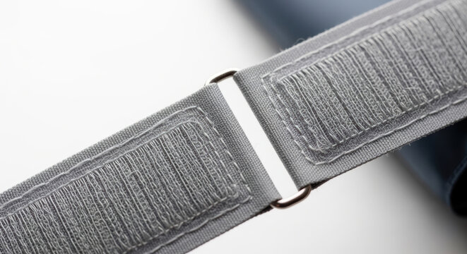 Gray fabric strap with hook and loop fastener close up showing texture and stitching for diabetes medical device support