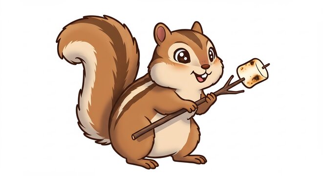 Cute Chipmunk with Marshmallow: An adorable chipmunk character holds a stick with a toasted marshmallow, ready for a sweet treat.