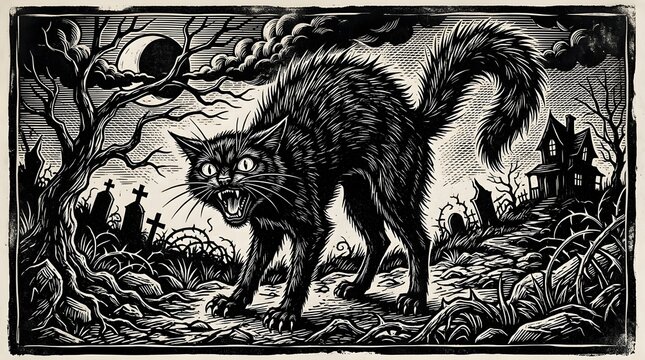 Angry black cat with arched back in spooky cemetery graveyard vintage engraving style, cemetery
