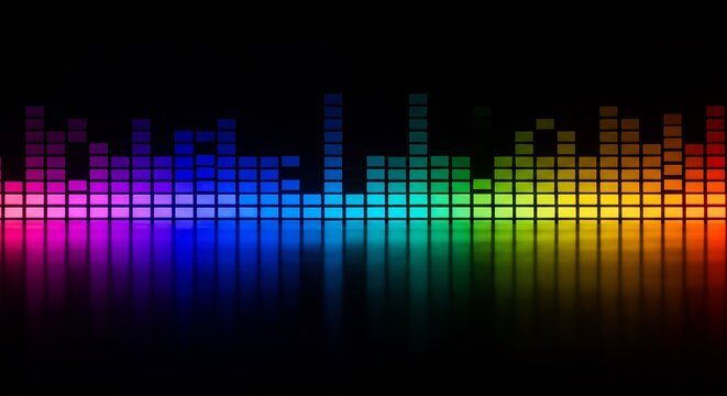 Colorful Sound Wave Equalizer: A vibrant digital equalizer displays a spectrum of colors from pink to red, representing audio frequencies with a glowing, reflective effect on a dark background.