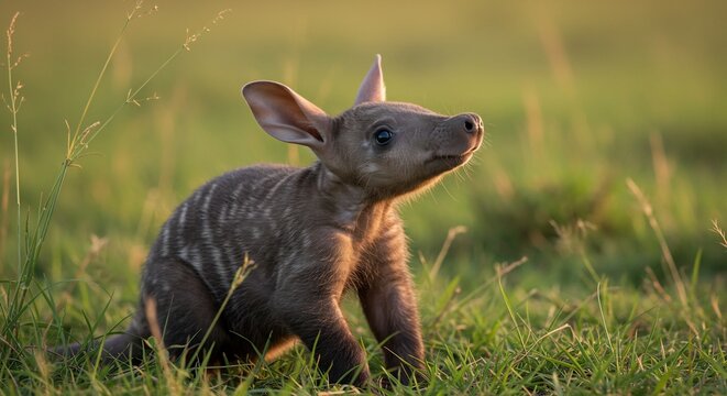 Baby Aardvark in the Grasslands: A young aardvark with distinctive markings and large ears sits curiously in a grassy field, illuminated by the soft golden light of dawn.