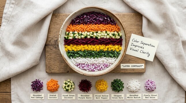 Organized rainbow bowl of shredded red cabbage, carrots, zucchini, beets, peppers, kale, radish, and onion on wood, representing nutritional meal prep and healthy lifestyle for wellness and vitality.