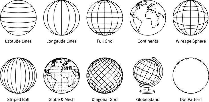 Wireframe globe illustrations with latitude longitude grids continents and stand for educational and design purposes.