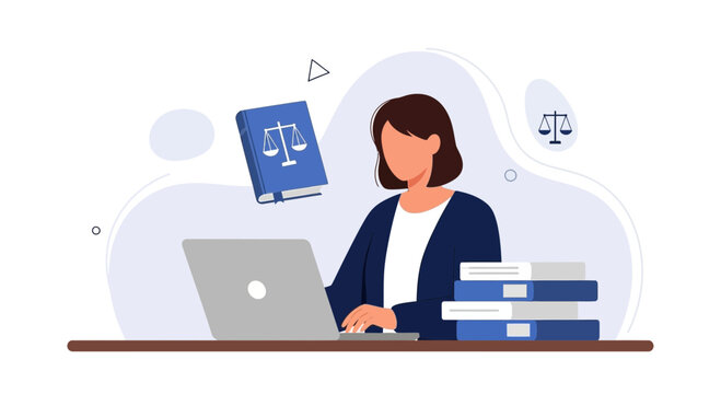 Lawyer working on laptop with legal books and scales of justice icon, representing justice and law concept