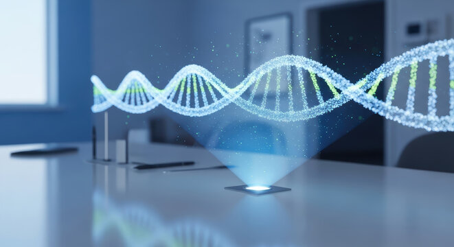 Healthcare policy reform holographic dna projection in modern office conveying medical research innovation and regulatory change