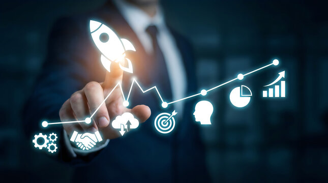 Businessman touching digital rocket launch button for corporate investment growth and startup success strategy
