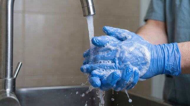 Hand washing with soap and water while wearing blue gloves helps reduce antimicrobial resistance by thorough cleaning and testing hygiene practices